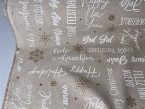 Dekostof - hør look med "merry Christmas" og lidt guld glimmer